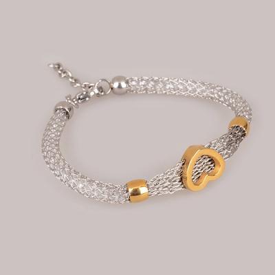 Silver  Stainless Steel Web Chain Bracelet with clear crystal inside and Gold Heart Decoration for woman +XZB014