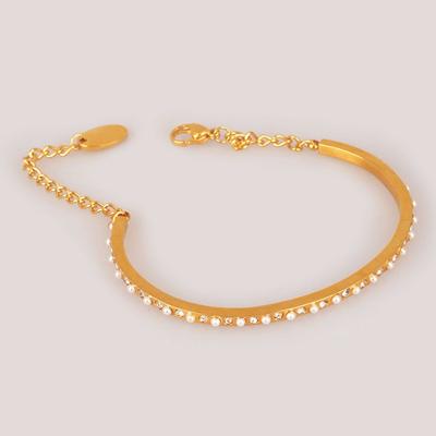 Gold Stainless Steel  Chain Bangle with min white pearl decoration for woman +XZB016