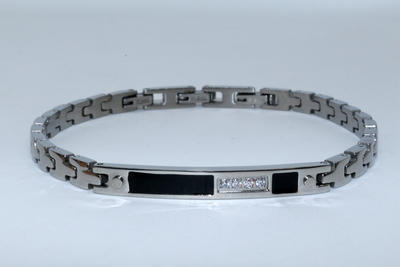 22 cm long Silver stainless steel bracelet  with clear artificial crystal  and black ceramic decorations for Men+XZB018