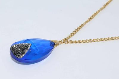 Gold  Stainless Steel Chain Necklace with Ocean Blue Diamond  pendant  for woman+XZN012